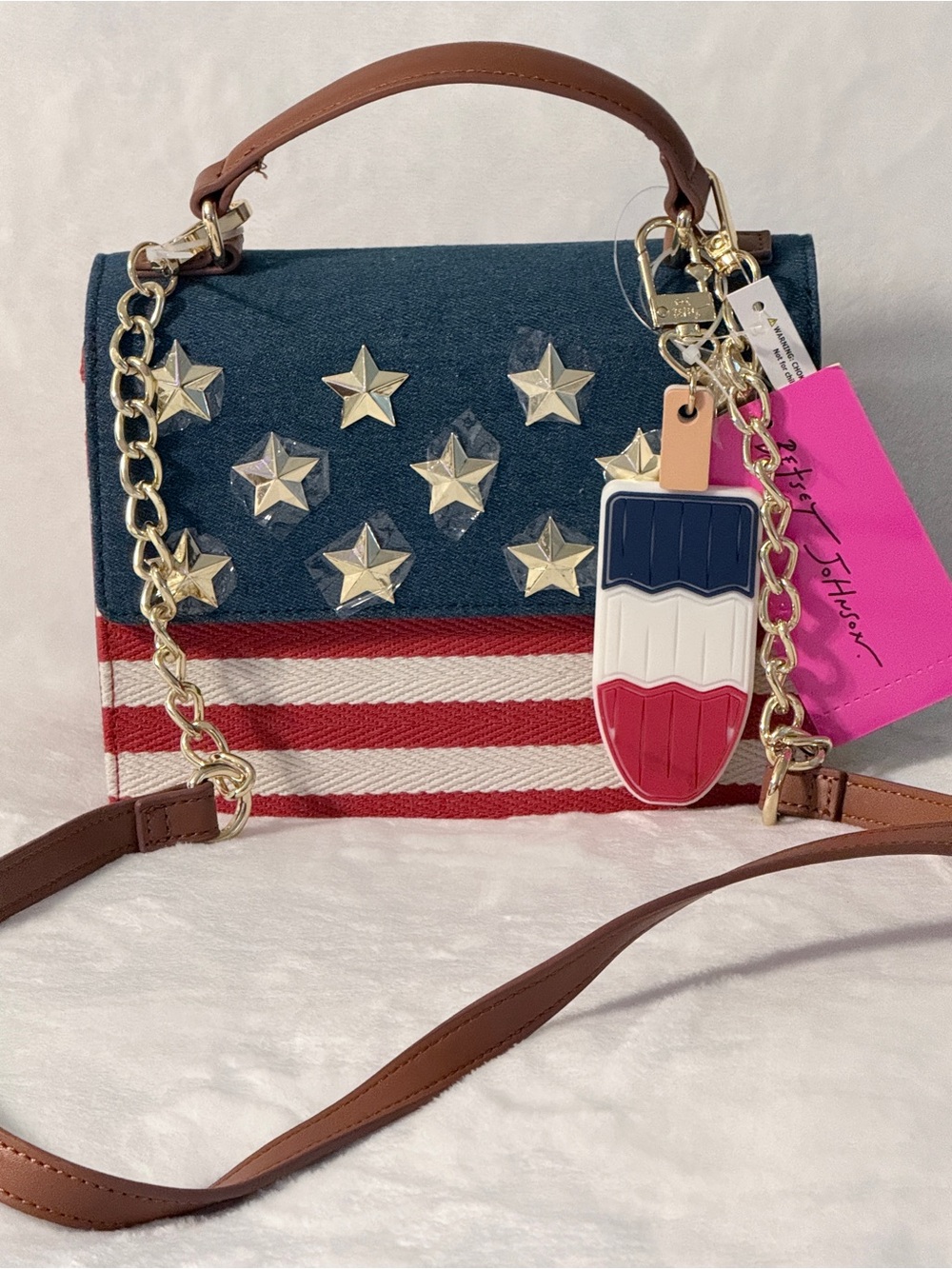 Betsey Johnson Red White Blue Star-Stripe Crossbody with Gold Stars